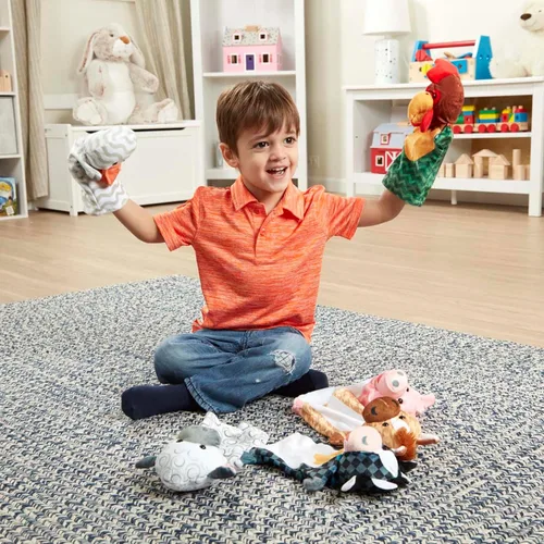 Vista 2 de Melissa & Doug Barn Buddies - Marionetas de mano, juego de 6 (vaca, oveja, caballo, pato, pollo, cerdo)