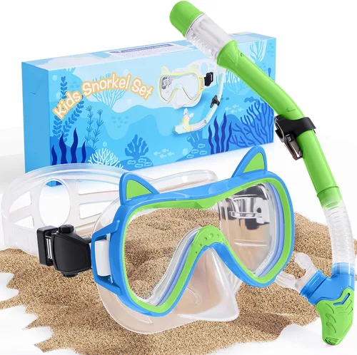 2026 Cute Kitten Kids Snorkel Set,Pastel Colors, Anti-Fog Tempered Glass Snorkeling Gear for Kids Age 6 and up – Ideal for Birthdays or Graduation