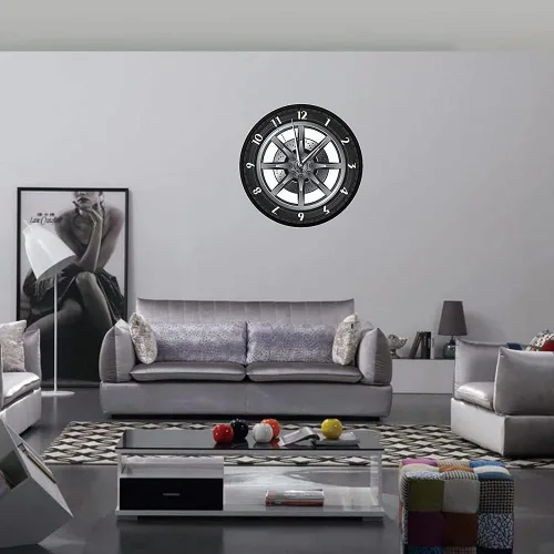 Vista 2 de Unique Creative Car Tire Shape Metal Wall Clock Modern Design Silent No Ticking Battery Operated for Living Room and Bedroom 12 Inch