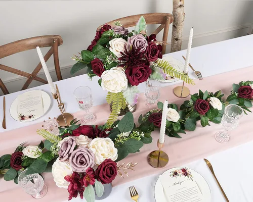 Vista 7 de ponatia Flores artificiales burdeos, combo de flores de boda para bricolaje, ramos de boda, centros de mesa, arreglos, fiestas, baby shower