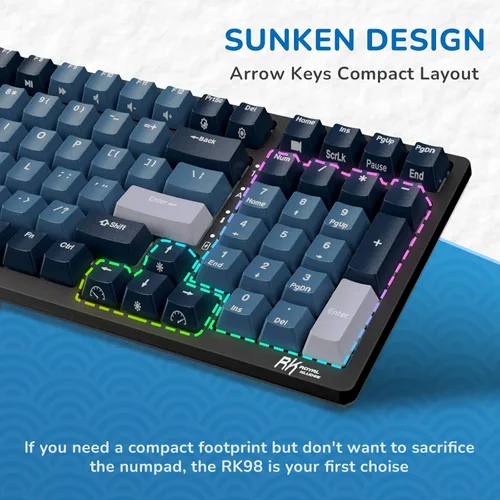 Vista 7 de RK ROYAL KLUDGE Teclado mecánico para juegos RK98 modo triple 24GBT51USB-C 100 teclas interruptores rojos lineales intercambiables en caliente
