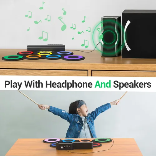 Vista 6 de ROCKSOCKI Juego de batería eléctrica, 7 almohadillas electrónicas para niños con auriculares incluidos, almohadilla de práctica de tambor
