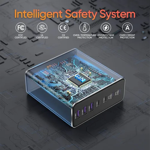 Vista 6 de Cargador USB C de aleación de aluminio, cargador GaN, estación de carga rápida USB C, 7 puertos 65 W, laptop para MacBook Pro/Air/iPad Pro/iPhone