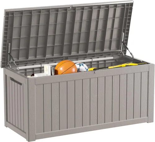 Vista 19 de Caja de almacenamiento para exteriores de 35 galones, caja de resina impermeable y con cierre para terraza, grande, contenedor de almacenamiento