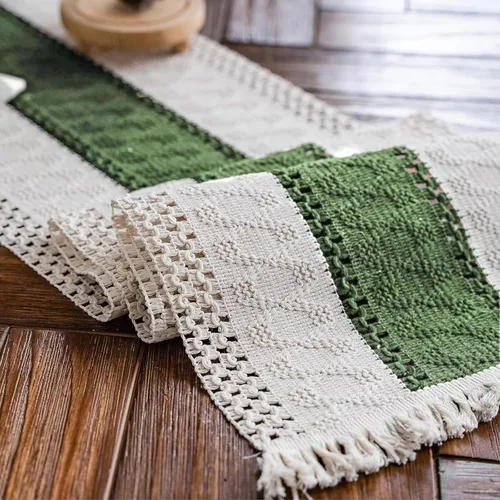 Vista 16 de Alynsehom Camino de mesa de macramé, color beige crema, bohemio, con borlas, camino de mesa de algodón tejido a mano, camino de mesa rústico