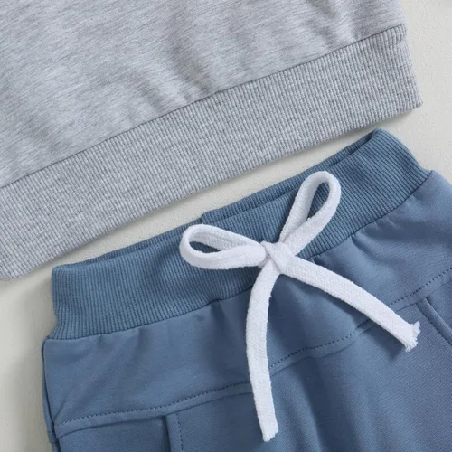 Vista 6 de Ropa para bebé niño pequeño, sudadera con bloques de color, sin botones, pantalones deportivos, 2 piezas, traje de sudadera para otoño e invierno