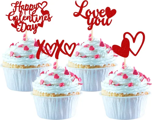 Vista 43 de Paquete de 24 adornos para cupcakes con purpurina en forma de corazón con temática de amor dulce, decoración de pasteles para el día de San