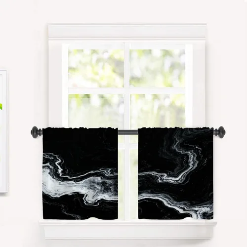 Vista 50 de Cortinas opacas de mármol abstracto blanco y gris para ventanas, cenefas opacas de poliéster multicapa para cocina, paquete de 2 unidades, 26 x 24