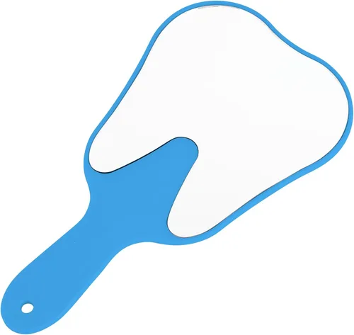 Annhua Espejo de mano pequeño con mango azul, espejo de mano en forma de diente, espejo de maquillaje para niños, lindo para salón de belleza,