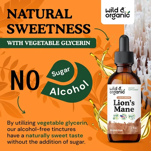 Vista 6 de Wild & Organic Gotas líquidas de melena de leones, apoyo para el enfoque y el cerebro, suplemento de melena de león, tintura de extracto de hongo