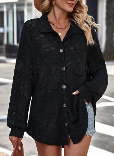 Vista 3 de Dokotoo Chaqueta de Punto Gofre para Mujer Shacket Casual de Manga Larga Abotonada Camisas Blusas Elegantes Tops