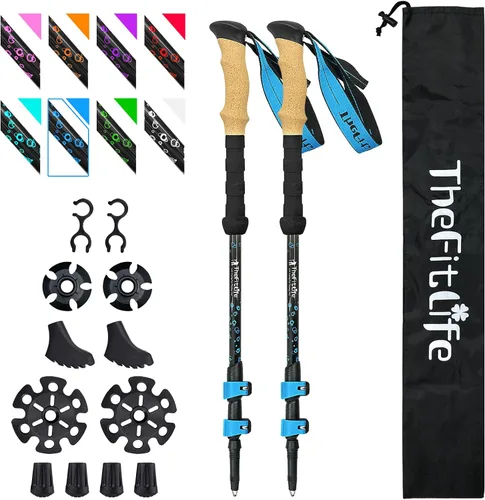 Bastones de senderismo de fibra de carbono TheFitLife – Bastón de senderismo plegable y telescópico con mango de corcho natural y empuñaduras EVA