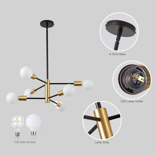 Vista 6 de KAISITE - Candelabro Moderno Sputnik - Candelabro de 6 Luces con Ajuste de Altura, Acabado en Negro y Oro para Cocina, Dormitorio y Vestíbulo