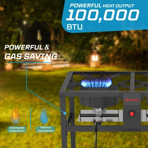Vista 3 de Estufa de propano al aire libre y parrilla combinada de FIRE RIOT, estación de cocina portátil 2 en 1 con estufa de propano de doble quemador