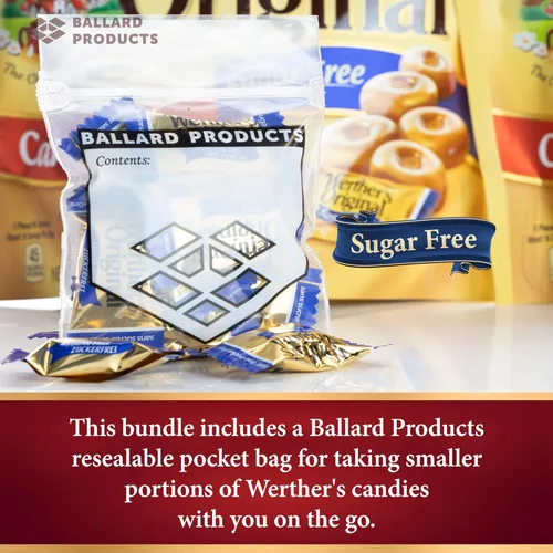 Vista 6 de Werthers - Paquete variado de dulces duros sin azúcar, paquete de 3 sabores, bolsas tamaño tienda de comestibles, 1 bolsa de cada sabor, paquete