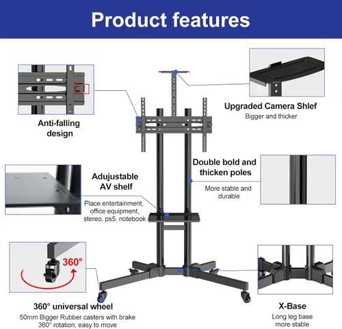 Vista 3 de Mobile TV Stand with Wheels for 32-70 inch LED LCD 4K Flat/Curved Screen TVs, UL Certificated Rolling/Floor TV Cart, Height Adjustable TV Trolley