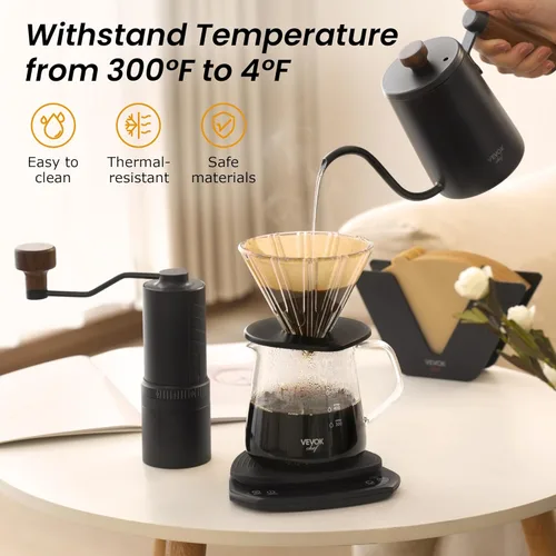 Vista 6 de VEVOK CHEF Juego de cafetera, jarra de vidrio de borosilicato de 20 onzas y gotero de café de vidrio con 100 filtros de papel de cono, cafetera