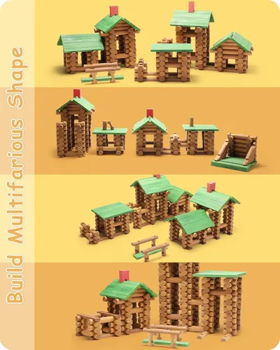 Vista 2 de SainSmart Jr. Juego de 300 piezas de cabaña de troncos de madera, juguete de construcción de casa para niños pequeños, kit de construcción clásico