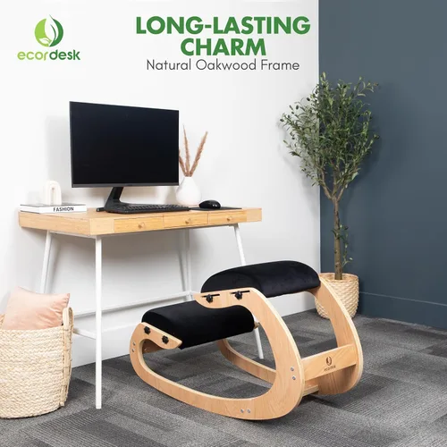 Vista 5 de Silla ergonómica, asiento ajustable, silla de oficina para escritorio, corrector de postura, cojín cómodo de alta calidad, mecedora de madera (negro)
