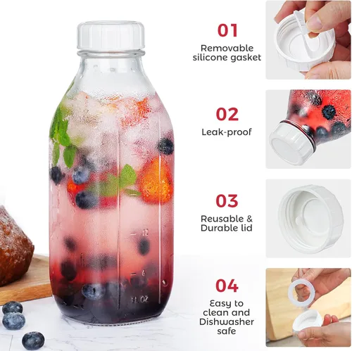 Vista 4 de Botellas de leche de vidrio reutilizables de 32 onzas con tapa dispensadora de silicona, paquete de 2 frascos de vidrio con tapa hermética de rosca