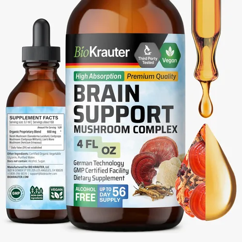Suplemento de hongos Brain Support – Gotas de tintura de extracto de hongos líquido – Melena de león, Cordyceps, Reishi, Shiitake, cola de pavo,