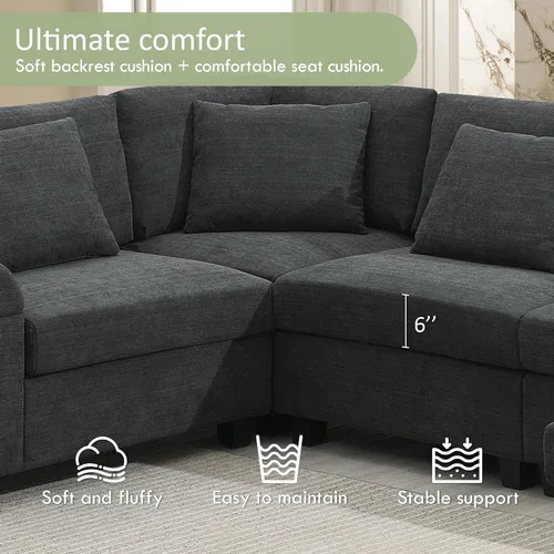 Vista 18 de Sofá modular de felpilla con tapicería en forma de L, sofá modular de 4 asientos con otomana extraíble y 5 almohadas para sala de estar, apartamento