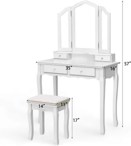 Vista 7 de Giantex Juego de tocador con espejo triple plegable y 4 cajones, tocador de maquillaje con taburete acolchado para niñas y mujeres, mesa de Blanco