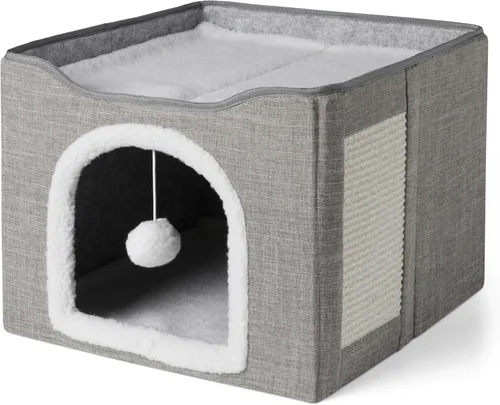 Amazon Basics Cat House 1 piso, condominio plegable para gatos con almohadilla de sisal para rascar, color gris