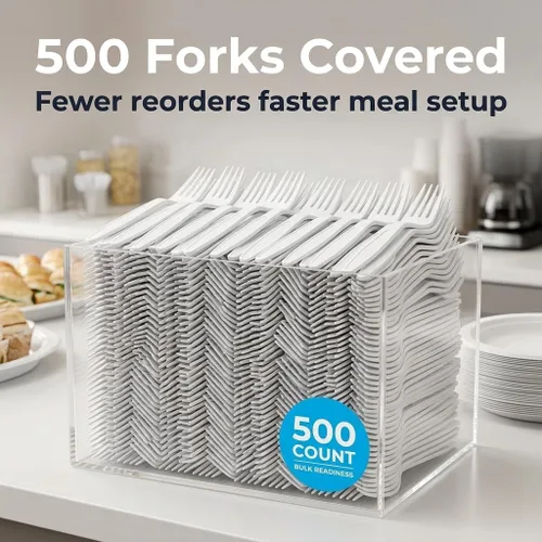 Vista 6 de 500 tenedores de plástico extra resistentes, tenedor blanco desechable, cubiertos pesados a granel para cenas, eventos, catering, fiestas y comida