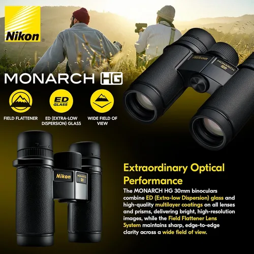 Vista 6 de Nikon Monarch HG - Binoculares de 0.315 x 1.181 in, campo de visión amplio, óptica multicapa, visión de alta definición, binoculares ligeros e