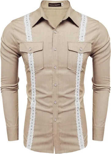 Vista 4 de KELLORENA Camisas de guayabera cubana de manga larga con botones, estilo mexicano, camisas de algodón para campamento