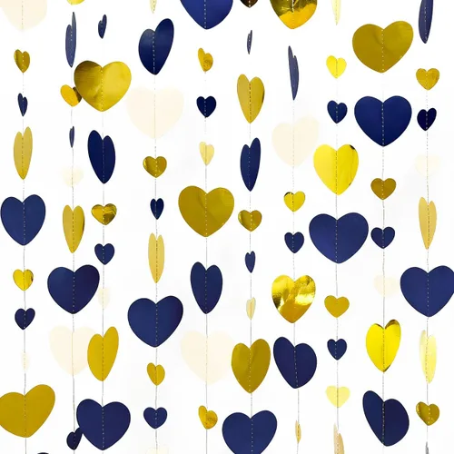 52 pies Guirnalda de corazón de amor dorado azul marino para decoración de fiesta del día de San Valentín Bandera de serpentina colgante azul real