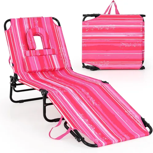 Vista 16 de Goplus Silla bronceadora, silla de playa plegable con orificio para la cara, almohada extraíble, capacidad de 350 libras, correa de transporte