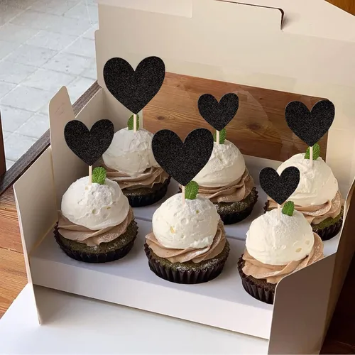 Vista 4 de 30 piezas de decoración para cupcakes con diseño de corazón con purpurina para cupcakes, despedida de soltera, boda, compromiso, decoración de Negro