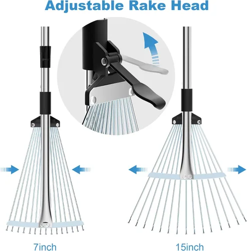 Vista 4 de Rastrillo de jardín para hojas, rastrillo de hojas ajustable y resistente de metal para césped, longitud 37"-81", cabeza ajustable y expandible