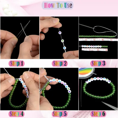 Vista 6 de LPBeads 12 rollos de 0.8mm de hilo elástico para hacer joyería de pulseras con agujas y regla para ensartar cuentas