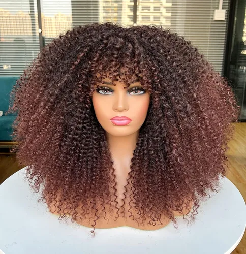 Vista 11 de Sweece - Peluca afro larga y rizada con flequillo para mujeres negras, peluca de cabello rizado de 17 pulgadas (17 pulgadas, negro)