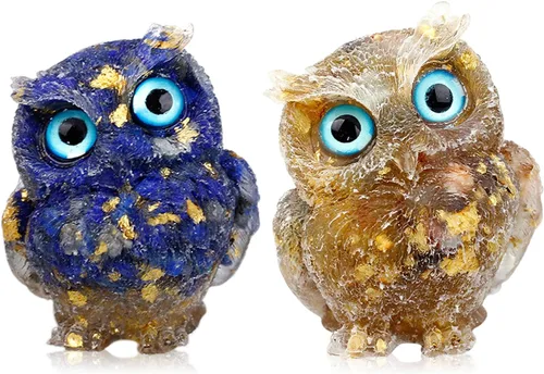 DIYOMR 2 estatuas de búho de cristal hechas a mano, piedras preciosas curativas de reiki, figuras de animales de búho coloridas que atraen riqueza,