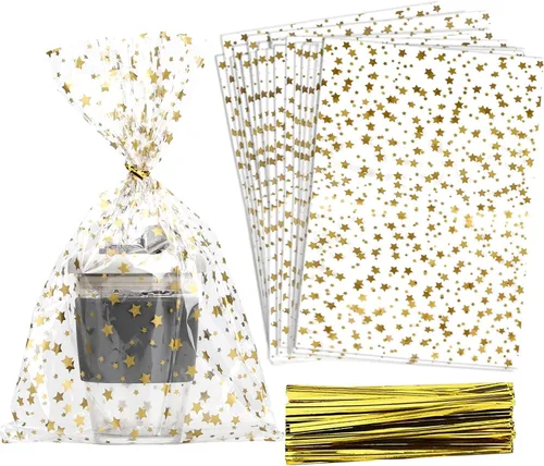 Vista 37 de COQOFA 100 piezas de bolsas de regalo con sello autoadhesivo impresas con estrellas, bolsas de celofán para envolver regalos, bolsas para sorpresas