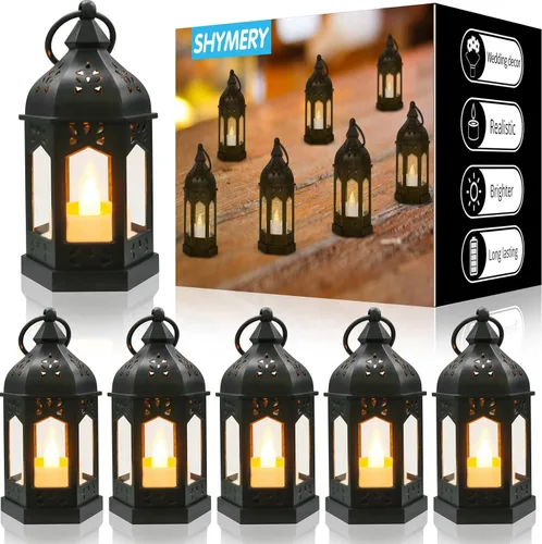 SHYMERY Mini linterna con velas LED parpadeantes, color negro vintage, para Halloween, decoración de boda, Navidad, centro de mesa, batería incluida