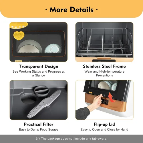 Vista 8 de Lavavajillas de encimera, 110V 800W lavavajillas portátil compacto de mesa con 3 programas de lavado, lavavajillas automático con tubería de agua