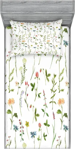 Vista 138 de Ambesonne - Juego de sábanas bajeras y fundas de almohada, diseño primaveral de acuarelas con jardín de hierbas y flores, juego de 4 piezas