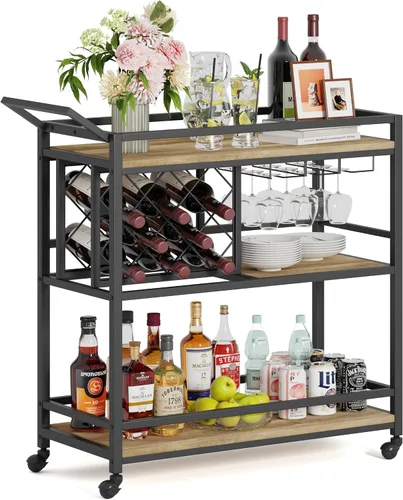 Vista 8 de FATORRI Carrito de bar para el hogar, carritos de vino rodantes sobre ruedas con estantes de madera de 3 niveles, carrito de bebidas de licor