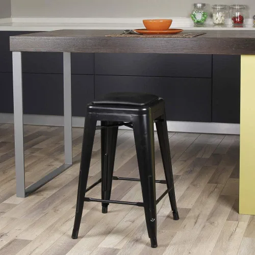 Vista 226 de GIA Taburete de mostrador sin respaldo de 24 pulgadas, cantidad de 4, bronce con asiento de madera clara