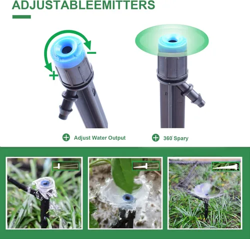 Vista 2 de MIXC 50 emisores de goteo en forma de ventilador con estaca de flujo de agua ajustable para manguera de tubo de riego de 1/4 pulgadas, rociador