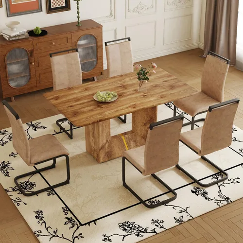 Vista 9 de Mesa de comedor negra de 160 cm para 4-6 personas ｜ Ideal para cocina y comedor ｜ Mesa de comedor moderna ｜ Chapa de grano de madera ｜ Base