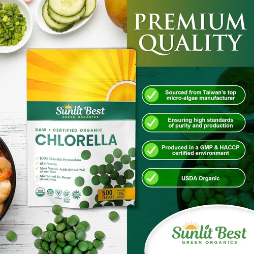 Vista 4 de Sunlit Best USDA Orgánico Premium Tabletas de Chlorella 500 Comprimidos 100% Puro Suplemento de Superalimento de Chlorella Alto en Proteína
