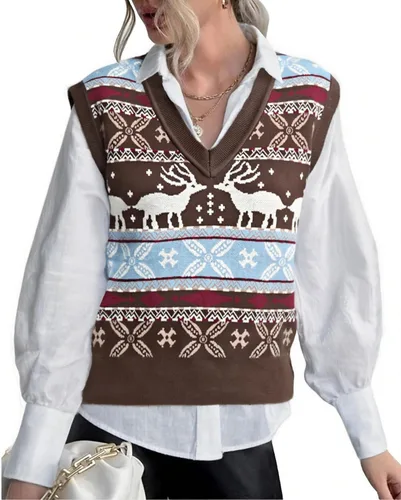 Vista 12 de JULYCLO Chaleco de Suéter Navideño para Mujer, Suéter Feo de Renos Tejidos y Copo de Nieve, Estilo Casual, con Cuello en V, Sin Mangas, Parte Negro