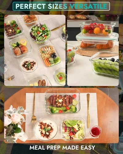 Vista 6 de Juego de 8 recipientes de vidrio borosilicato para almacenamiento de alimentos con tapas herméticas, aptos para horno, microondas y congelador, a