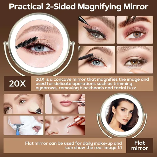 Vista 5 de MOMOKUBA Espejo de maquillaje con luces, espejo de aumento de 9 pulgadas, 20X, con luz y 3 colores, espejo de tocador con luces y brillo ajustable